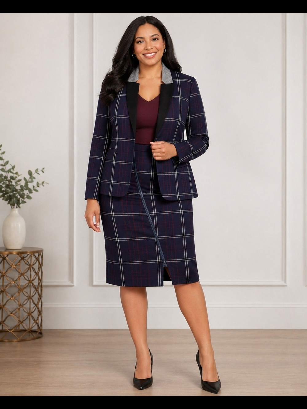 Lane Bryant Navy Plaid Two-Piece Skirt Suit with Burgundy Top USED